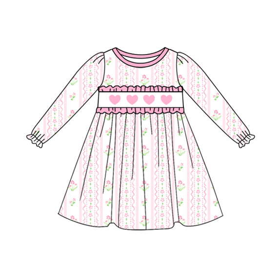 preorder GLD1347 Valentine's Day pink heart pink flowers long sleeve girls dress