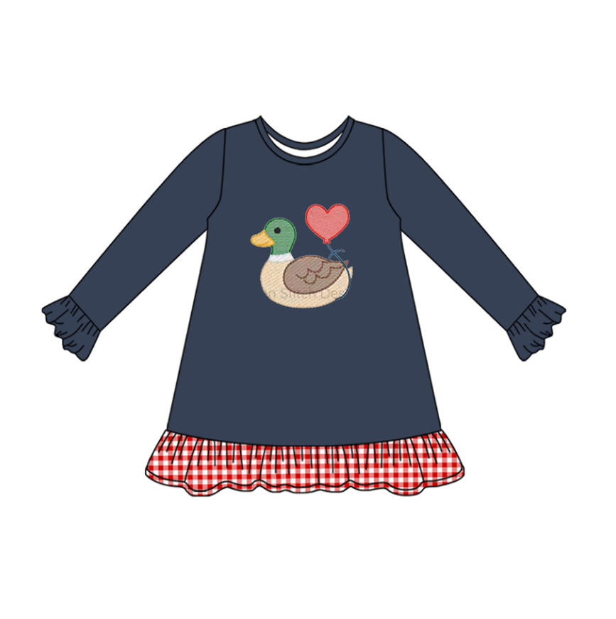 preorder GLD1349 Valentine's Day heart mallard duck navy blue long sleeve girls dress