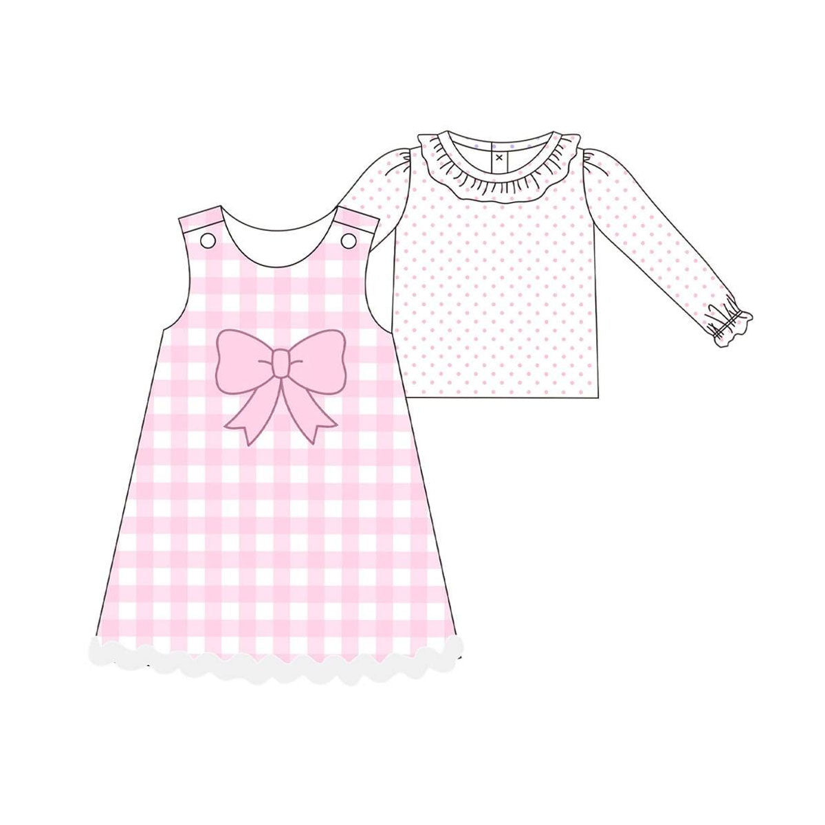 preorder GLD1357 pink dot long sleeve pink bows checkered dress girls set