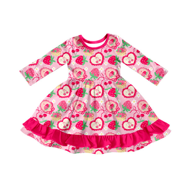 preorder GLD1359 cute berry strawberry bows flowers pink long sleeve girls dress