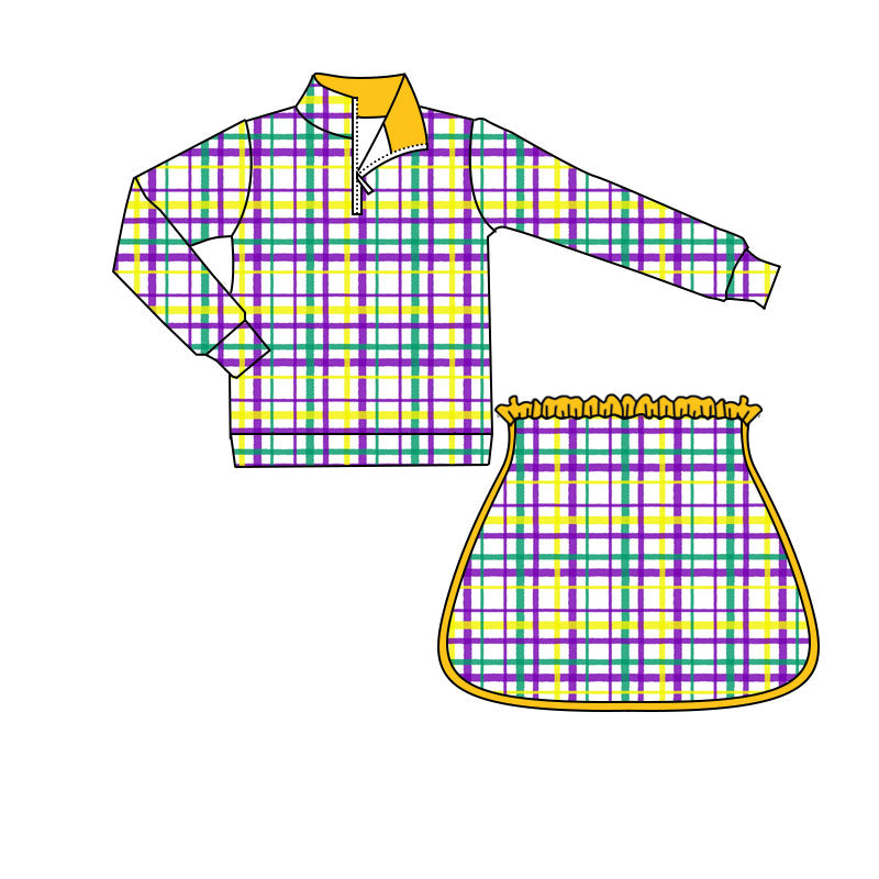 preorder GLD1361 Mardi Gras yellow green purple checkered zipper long sleeve skorts skirt girls set