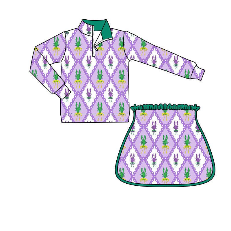 preorder GLD1364 Mardi Gras yellow green purple crayfish zipper long sleeve skorts skirt girls set