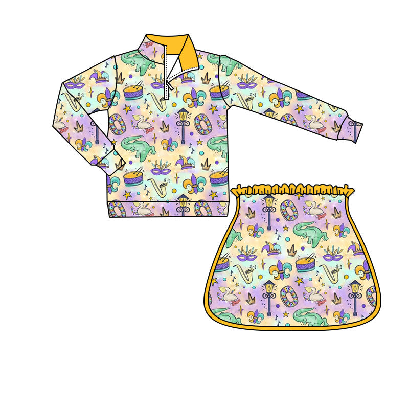 preorder GLD1367 Mardi Gras purple mask star zipper long sleeve skorts skirt girls set
