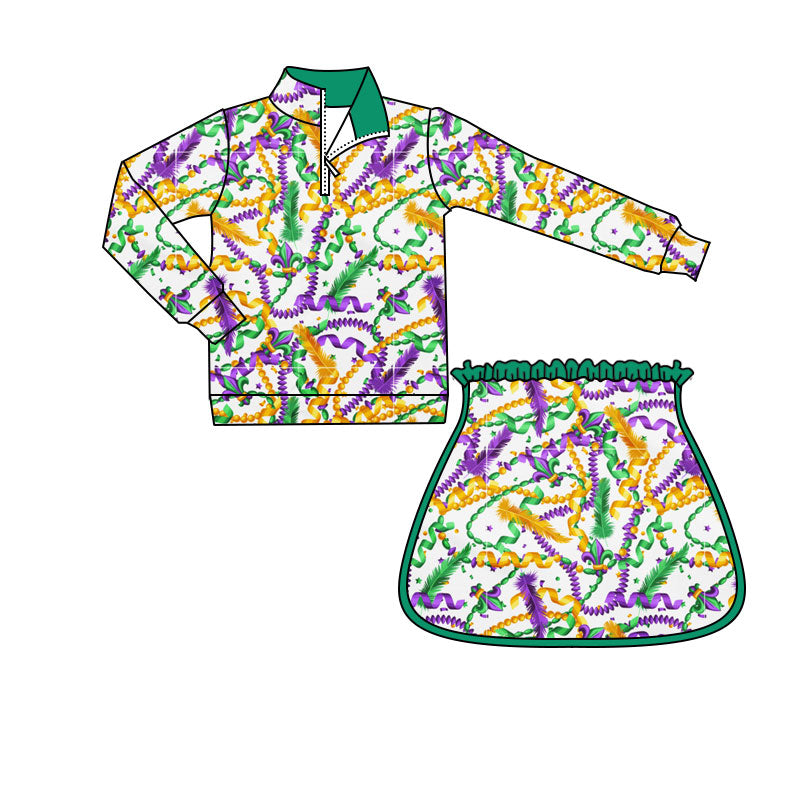 preorder GLD1371 Mardi Gras coloured ribbon zipper long sleeve skorts skirt girls set