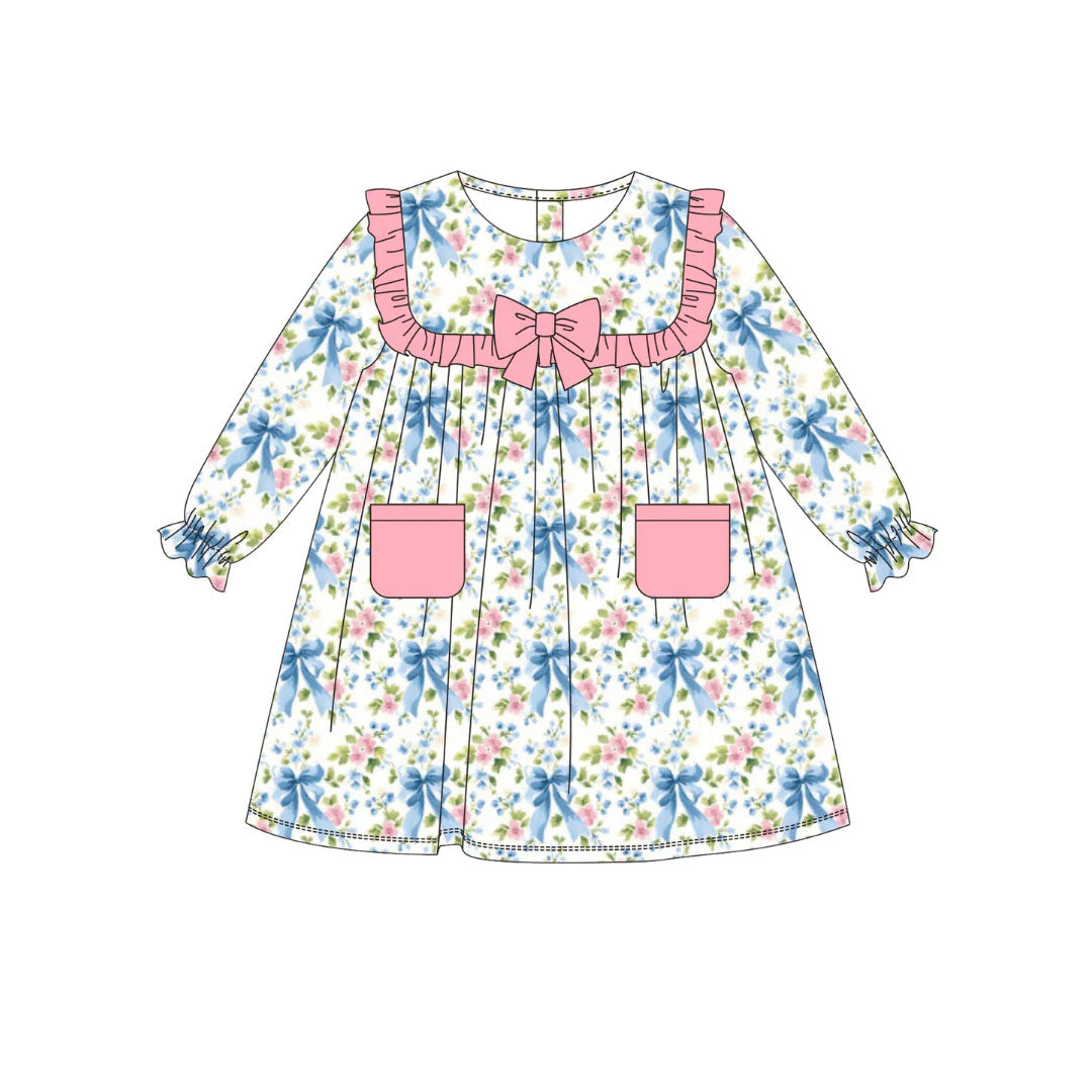 preorder GLD1375 cute blue bows flowers floral pocket long sleeve girls dress