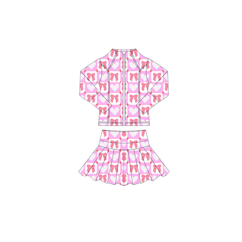 preorder GLD1387 Valentine's Day heart bows purple zipper long sleeve coat skorts skirt girls set