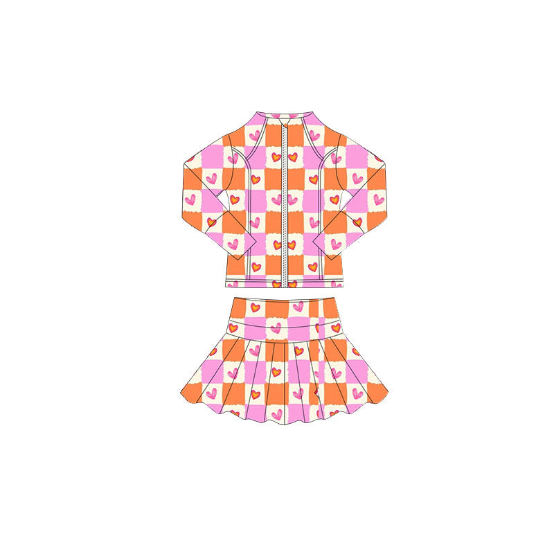 preorder GLD1388 Valentine's Day heart orange purple zipper long sleeve coat skorts skirt girls set