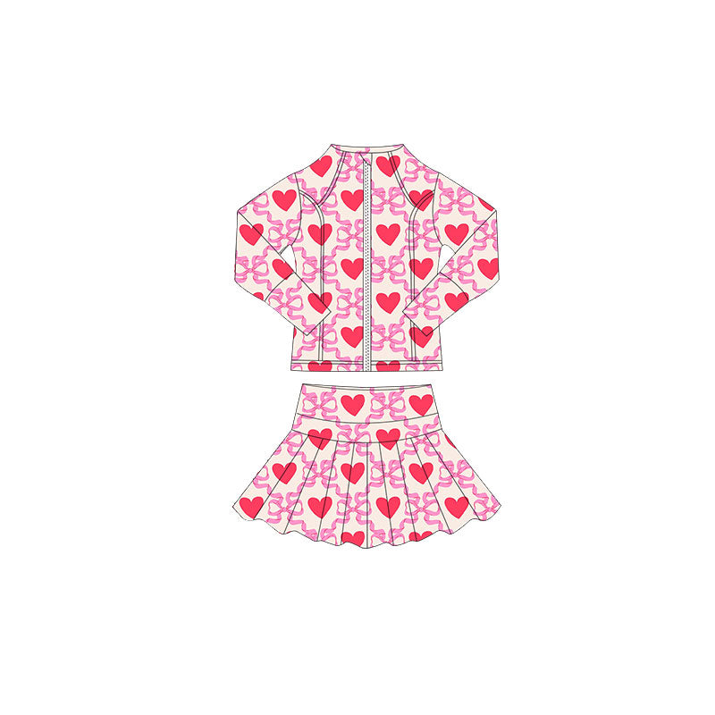 preorder GLD1390 Valentine's Day heart bows pink zipper long sleeve coat skorts skirt girls set
