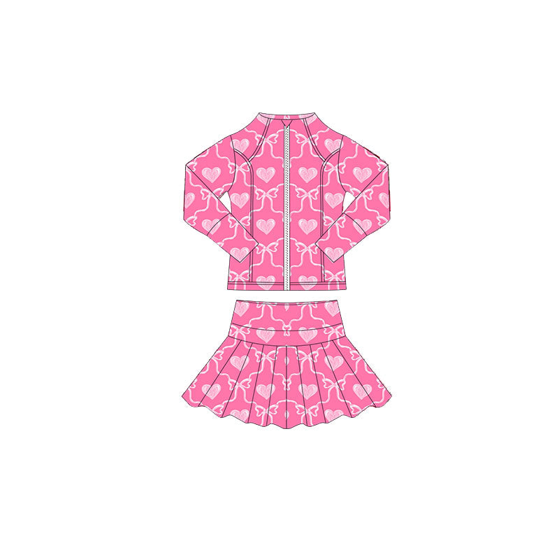 preorder GLD1392 Valentine's Day heart bows hot pink zipper long sleeve coat skorts skirt girls set