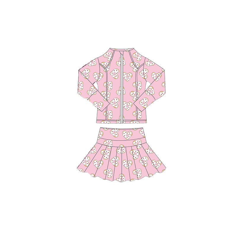 preorder GLD1394 Valentine's Day heart pink zipper long sleeve coat skorts skirt girls set