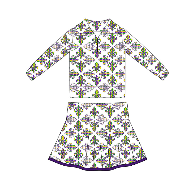 preorder GLD1395 yoga Mardi Gras zipper long sleeve skorts skirt girls set