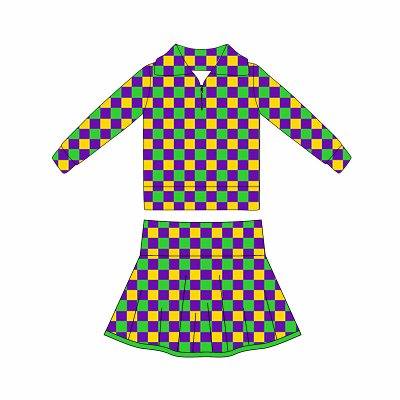 preorder GLD1397 yoga Mardi Gras zipper long sleeve skorts skirt girls set