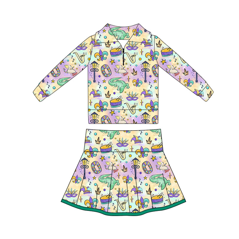 preorder GLD1401 yoga Mardi Gras zipper long sleeve skorts skirt girls set