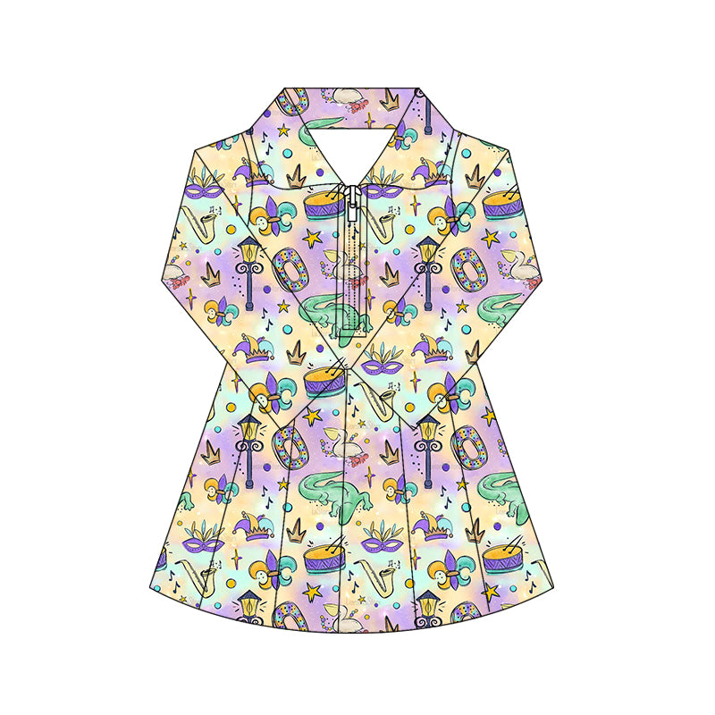 preorder GLD1411 yoga Mardi Gras zipper skorts long sleeve girls dress