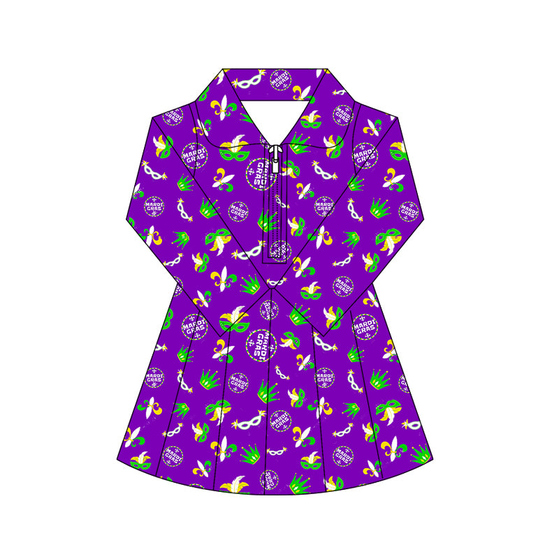 preorder GLD1413 yoga Mardi Gras zipper skorts long sleeve girls dress