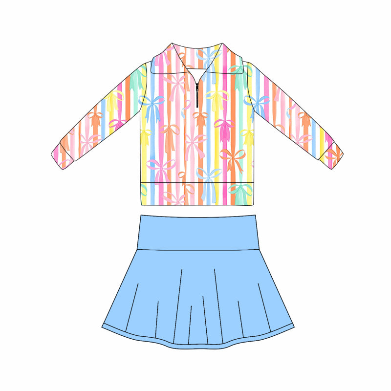 preorder GLD1419 rainbow striped bows l long sleeve blue skorts skirt girls set