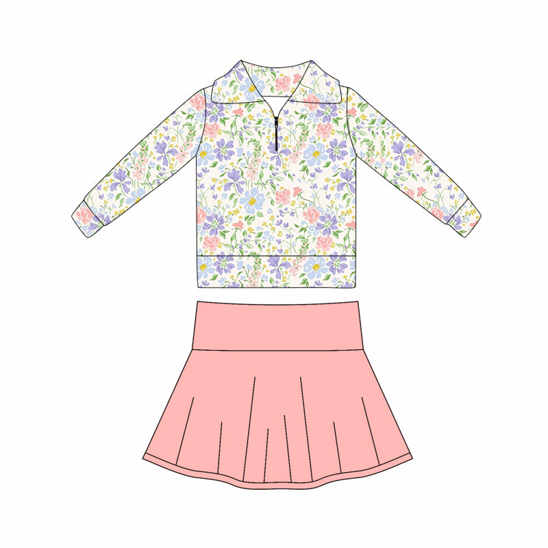 preorder GLD1420 yoga colorful flowers floral long sleeve pink skorts skirt girls set
