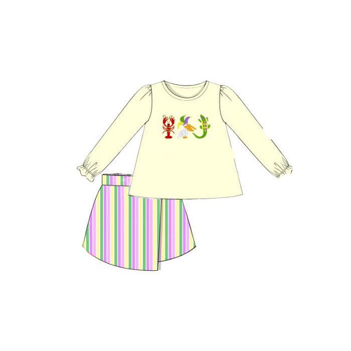 preorder GLD1431 Mardi Gras Crayfish Crocodile Long Sleeve Striped Shorts Girls Set