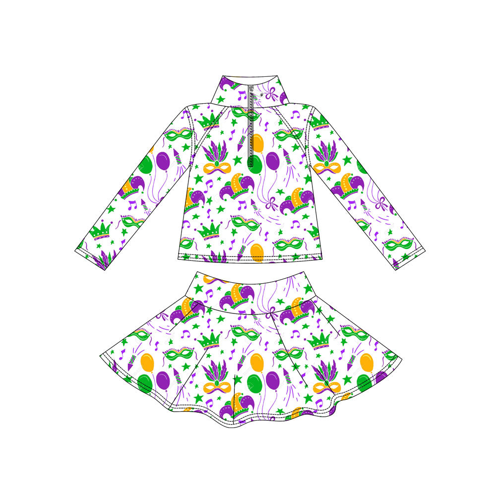 preorder GLD1432 Yoga Mardi Gras Mask Zipper Long Sleeve Skorts Skirts Girls Set
