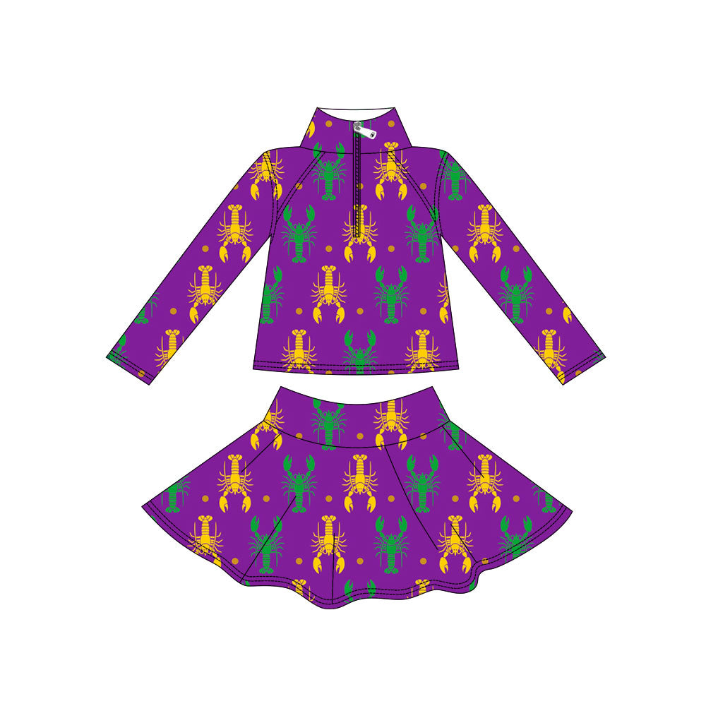 preorder GLD1435 Yoga Mardi Gras Crayfish Purple Zipper Long Sleeve Skorts Skirts Girls Set
