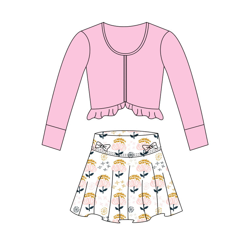 preorder GLD1458 Yoga Pink Zipper Long Sleeve Flowers Skorts Skirts Girls Set