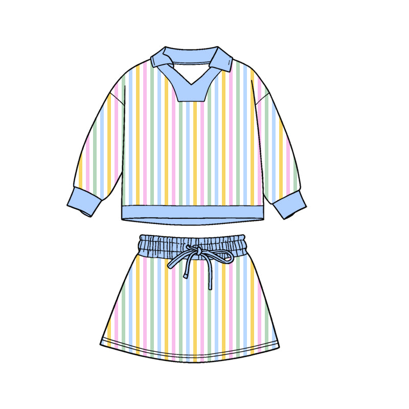 preorder GLD1465 Rainbow Striped Long Sleeve Skorts Skirts Girls Set
