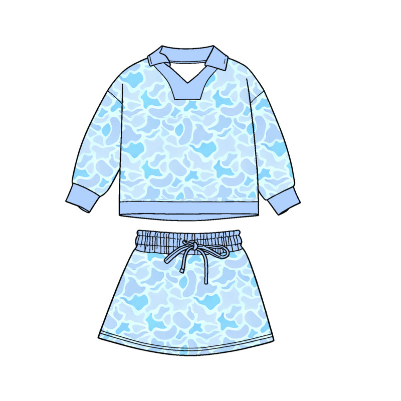 preorder GLD1466 Hunting Camo Blue Long Sleeve Skorts Skirts Girls Set
