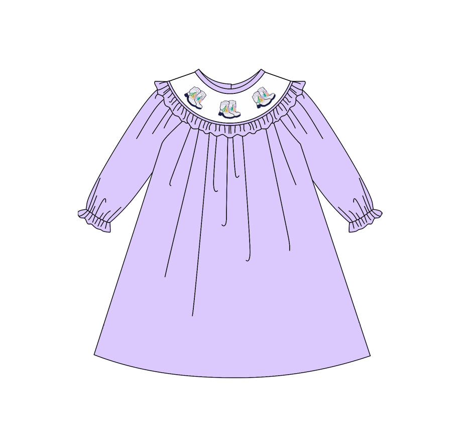 preorder GLD1469 Mardi Gras Boots Purple Long Sleeve Girls Dress