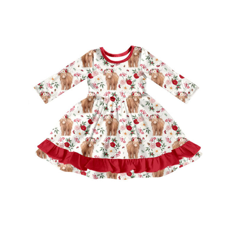 preorder GLD1470 Western Highland Cow Flowers Red Long Sleeve Girls Dress