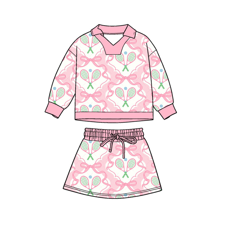 preorder GLD1473 Tennis Bows Pink Long Sleeve Skorts Skirts Girls Set