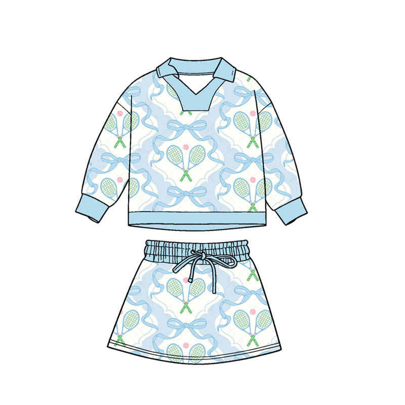 preorder GLD1474 Tennis Bows Blue Long Sleeve Skorts Skirts Girls Set