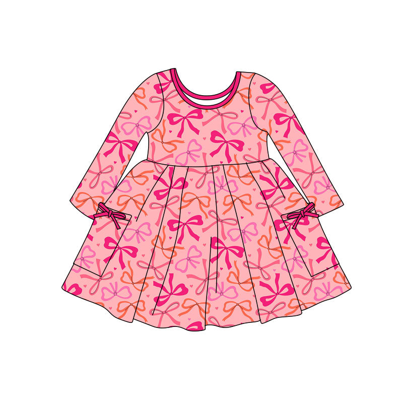 preorder GLD1491 Valentine's Day Hot Pink Bows Long Sleeve Girls Dress