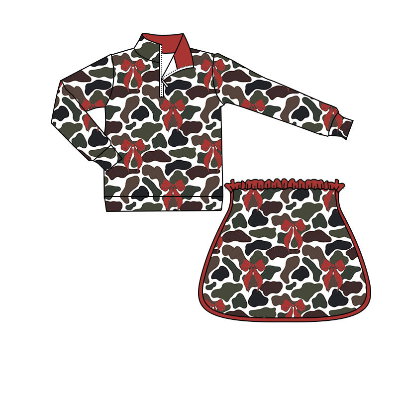 preorder GLD1495 Yoga Hunting Camo Bows Zipper Long Sleeve Skorts Skirts Girls Set