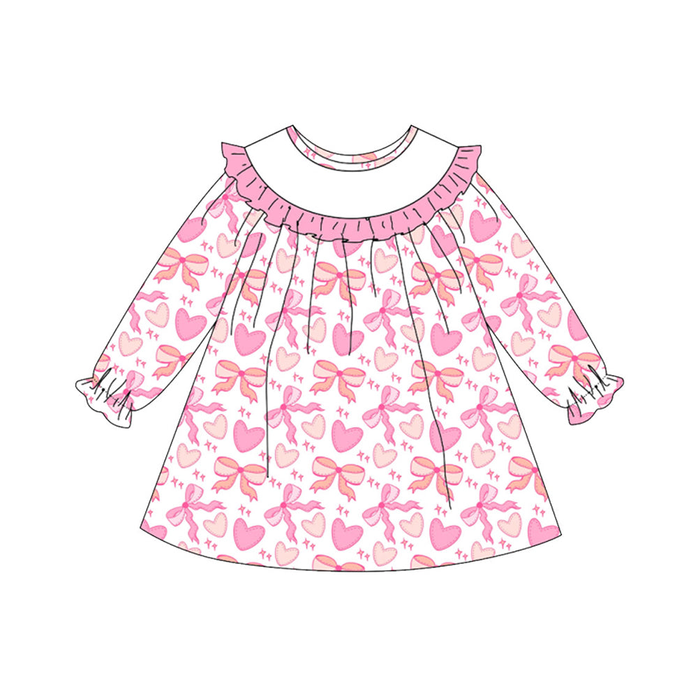 preorder GLD1498 Valentine's Day Pink Heart Bows Long Sleeve Girls Dress