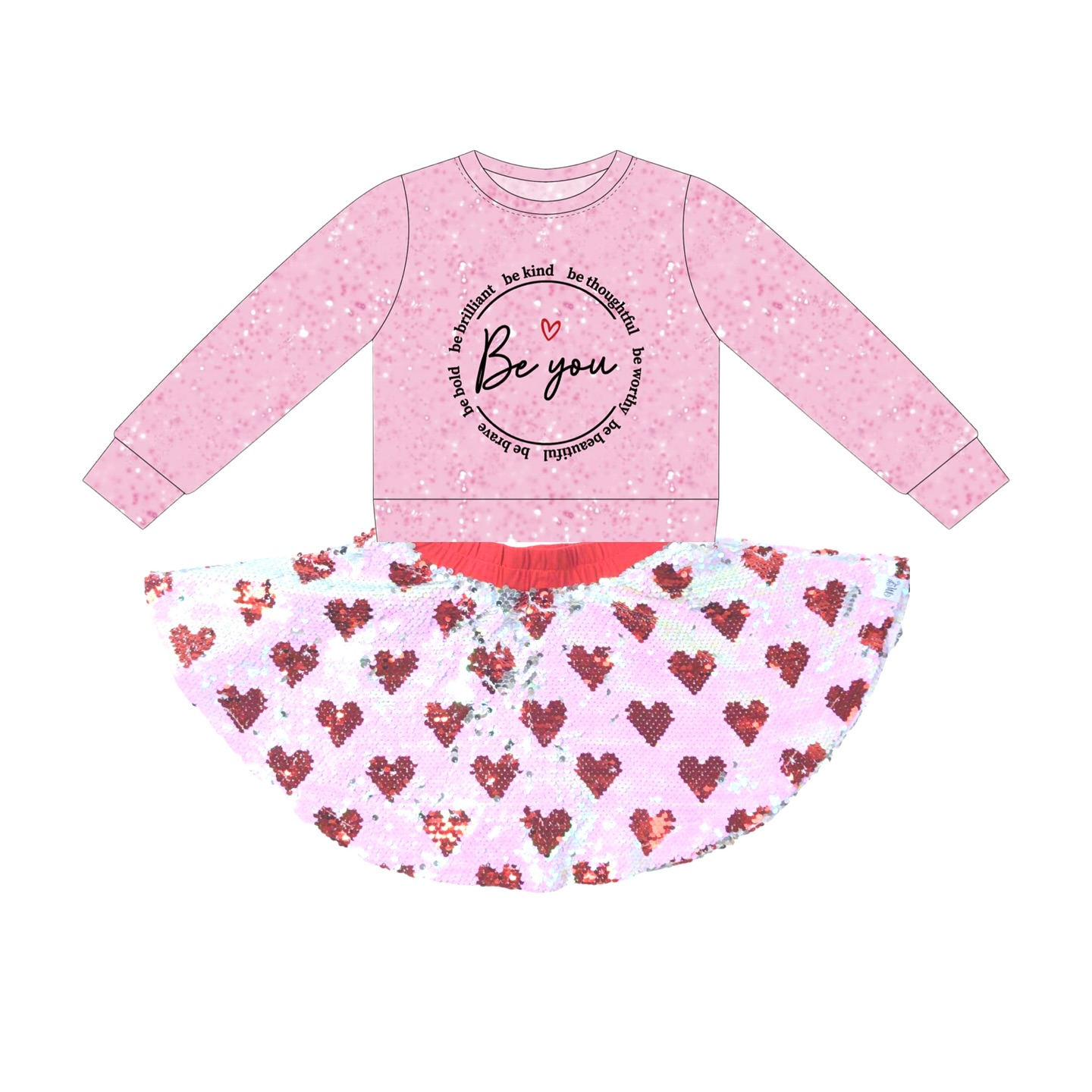preorder GLD1501 Valentine's Day Heart Be You Pink Long Sleeve Skorts Skirts Girls Set