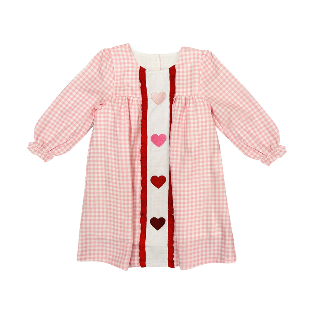 preorder GLD1509 Valentine's Day Heart Pink Checkered Long Sleeve Girls Dress