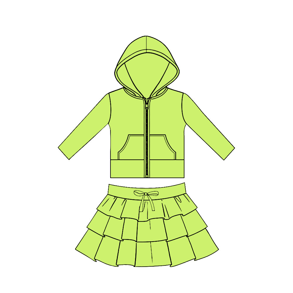 preorder GLD1525 Yoga Green Zipper Hoodie Pocket Long Sleeve Ruffles Skirts Girls Set