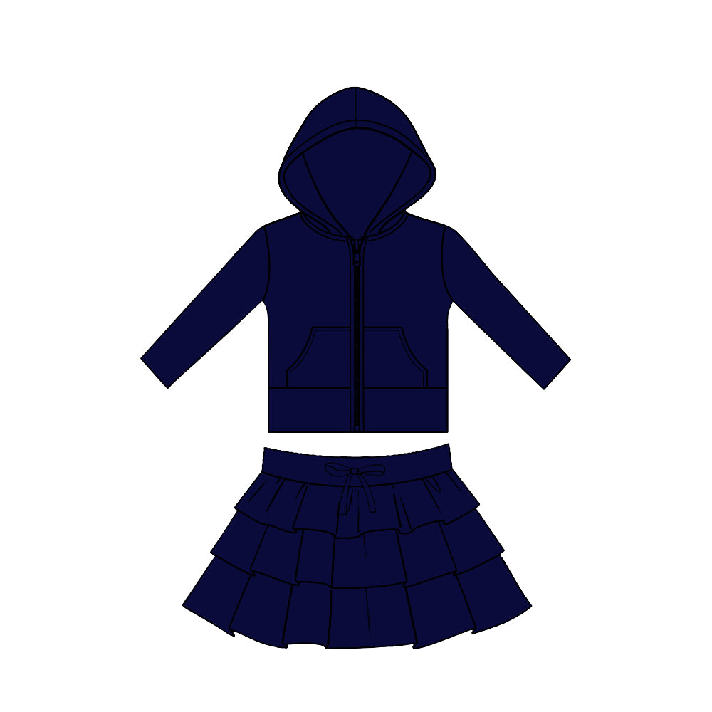 preorder GLD1530 Yoga Navy Blue Zipper Hoodie Pocket Long Sleeve Ruffles Skirts Girls Set