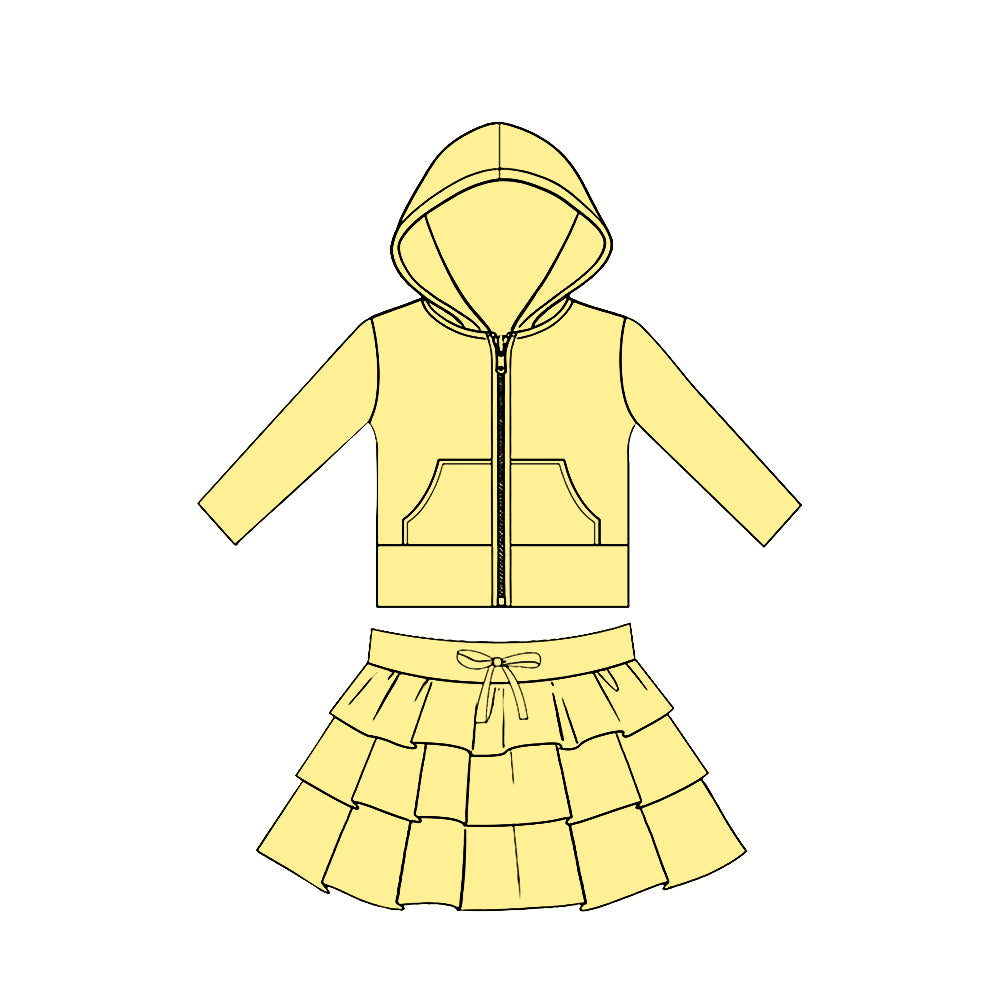 preorder GLD1531 Yoga Light Yellow Zipper Hoodie Pocket Long Sleeve Ruffles Skirts Girls Set