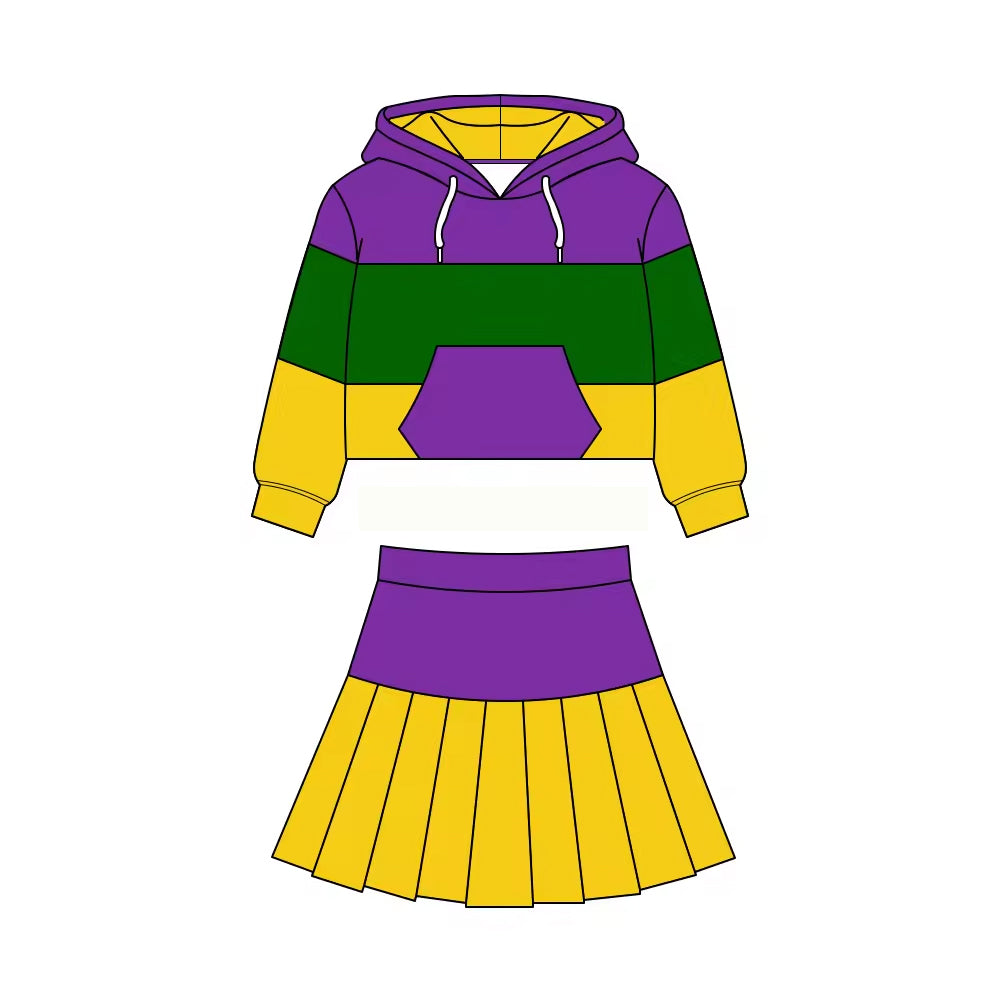 preorder GLD1532 Yoga Mardi Gras Hoodie Long Sleeve Skorts Girls Set