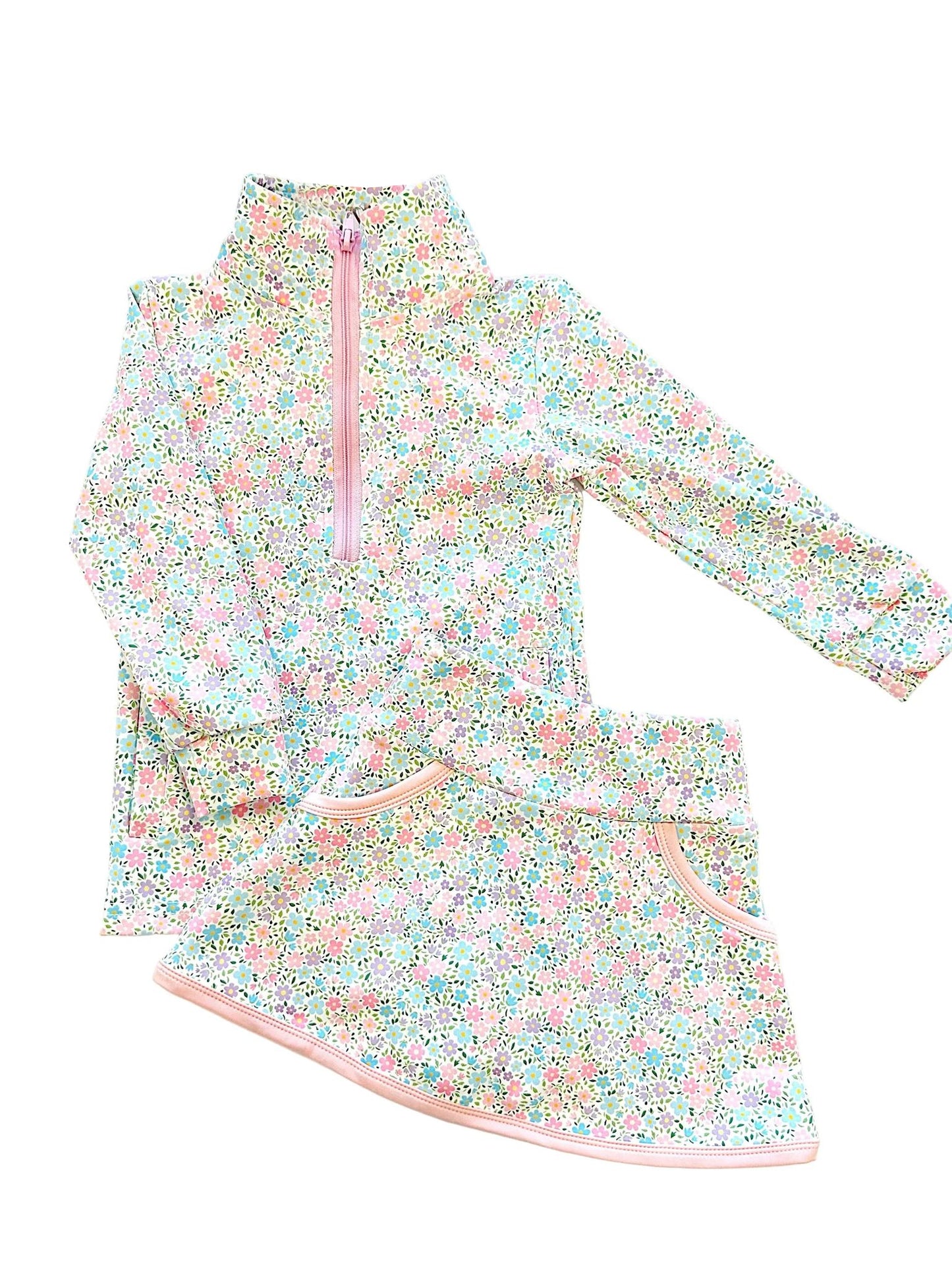 preorder GLD1559 Colorful Flowers Floral Zipper Long Sleeve Skorts Girls Set
