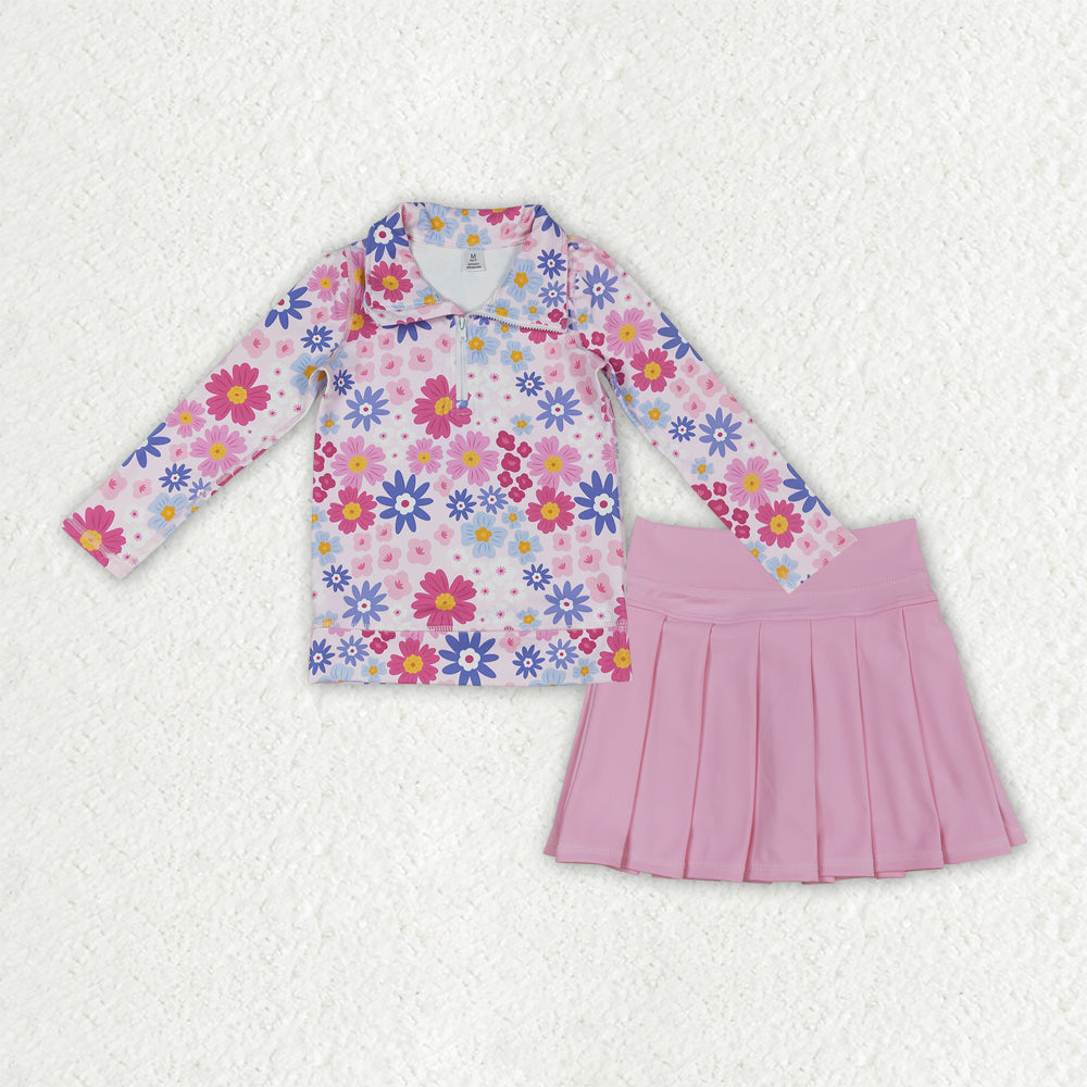 GLD1563 Yoga Colorful Flowers Zipper Long Sleeve Pink Skorts Girls Set