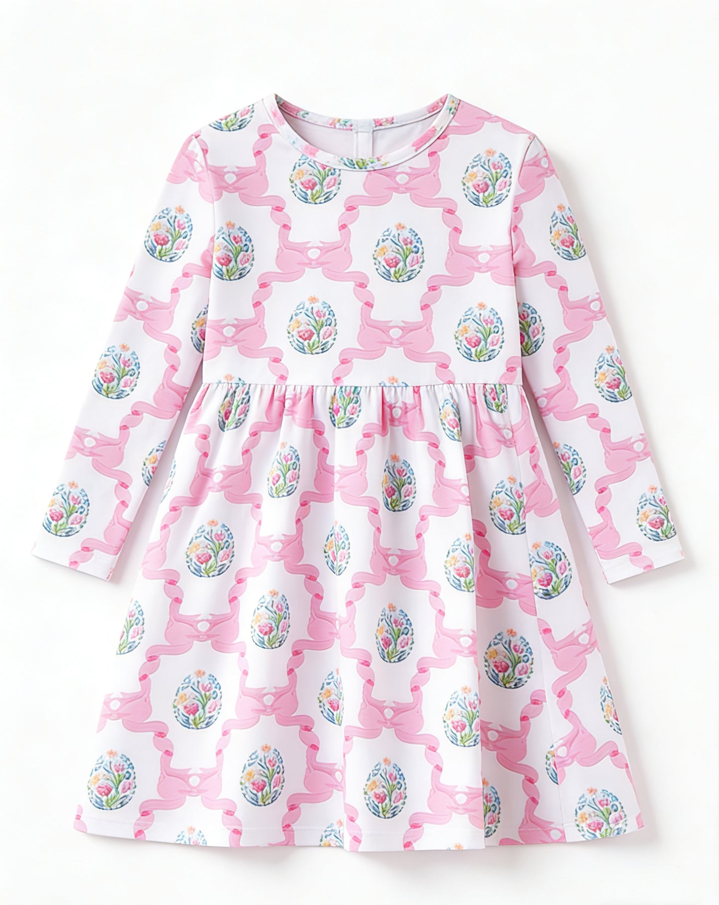 preorder GLD1565 Flowers Bows Pink Long Sleeve Girls Dress