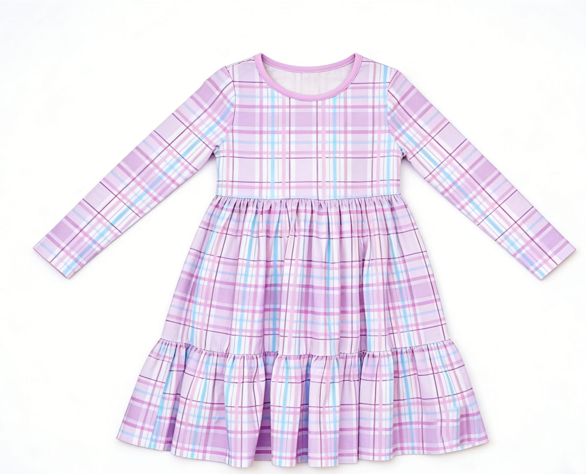 preorder GLD1568 Purple Checkered Long Sleeve Girls Dress