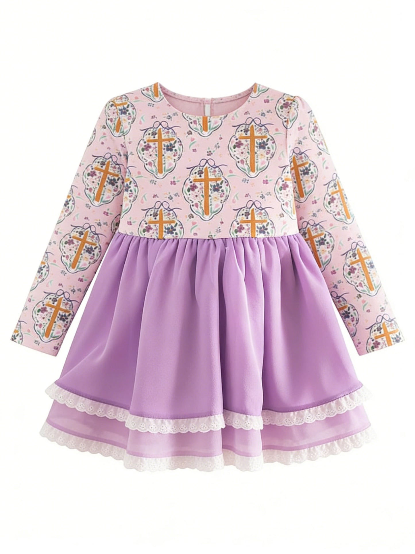 preorder GLD1571 Easter Cross Pink Purple Long Sleeve Girls Dress
