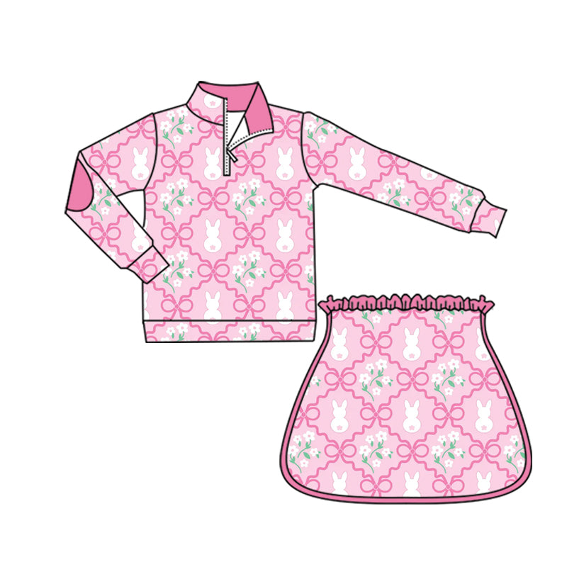 preorder GLD1577 Easter Bunny Rabbit Bows Pink Zipper Long Sleeve Skorts Girls Set