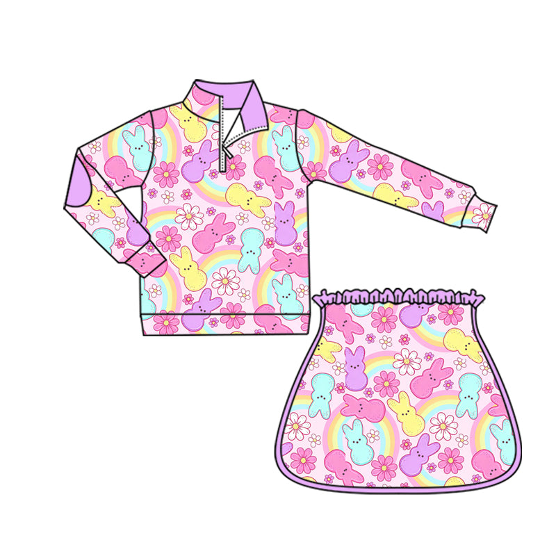 preorder GLD1578 Easter Bunny Rabbit Rainbow Pink Zipper Long Sleeve Skorts Girls Set