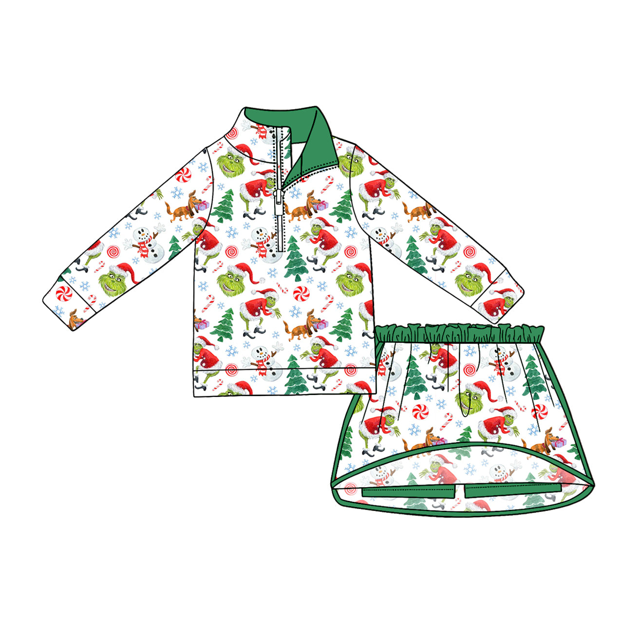 preorder GLD1611 Christmas Green Face Zipper Long Sleeve Skorts Girls Set