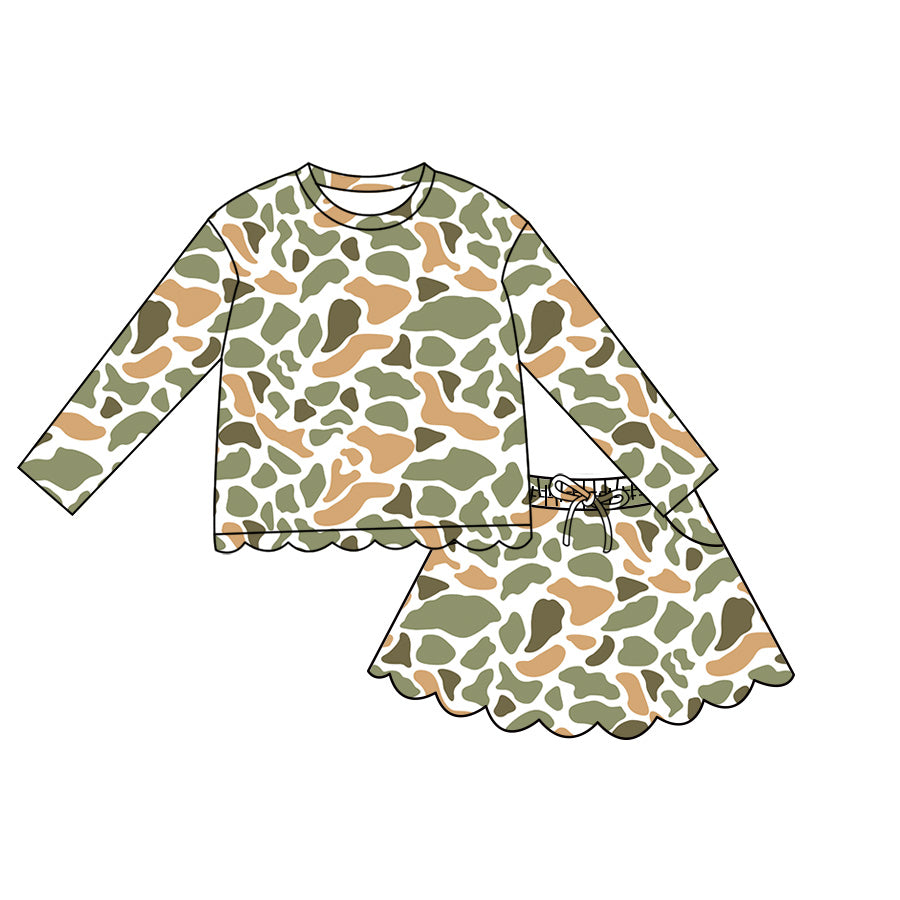 preorder GLD1618 Scallop Hunting Camo Long Sleeve Skorts Girls Set