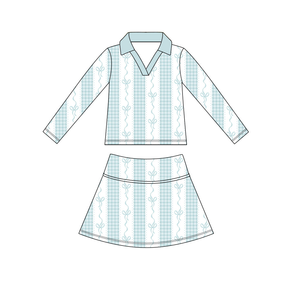 preorder GLD1628 Blue Bows Long Sleeve Skorts Girls Set